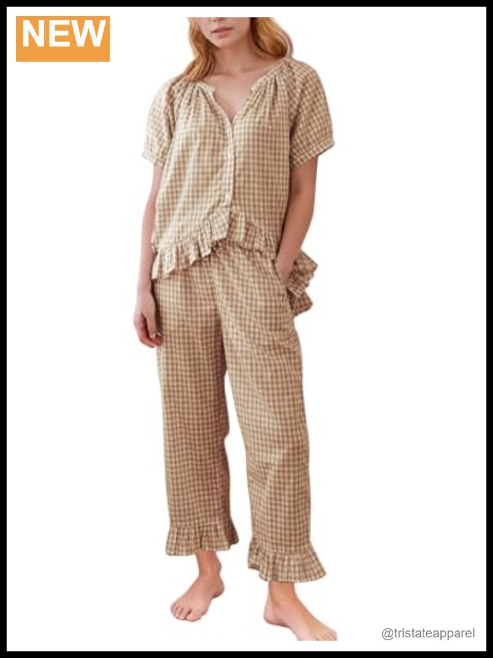 100% Cotton Gingham Pajama Set Ruffle Puff Sleeve Wide Leg Lounge